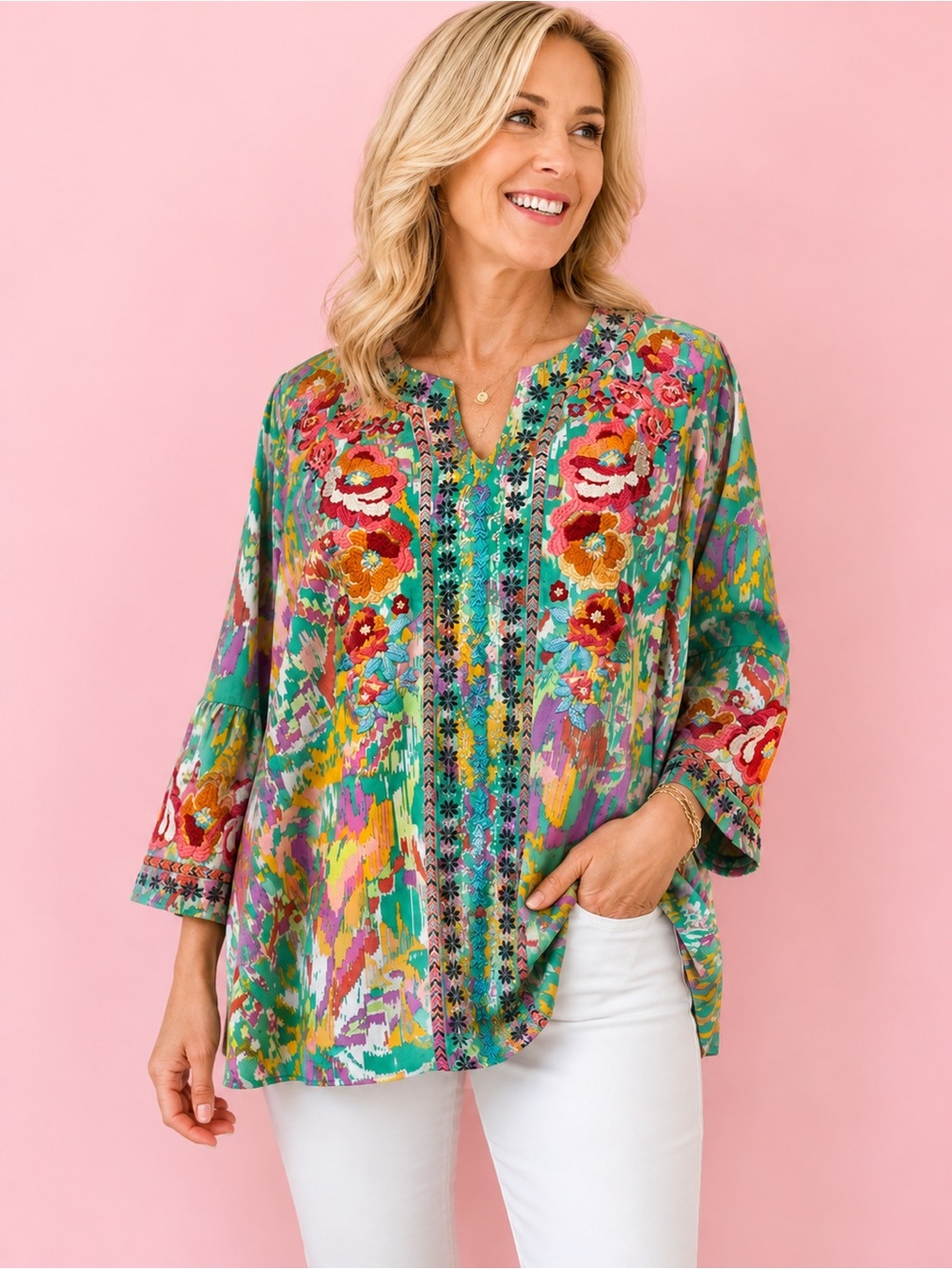 Sz 1X Savanna Jane Vibrant Embroidered Floral Emerald Tunic Top - Picture 4 of 10